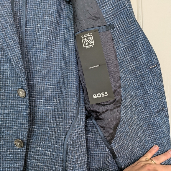 BOSS Hutson Slim Fit Blue Wool Cotton Linen Blend Sport Suit Coat Mens Jacket 38 - Picture 11 of 16